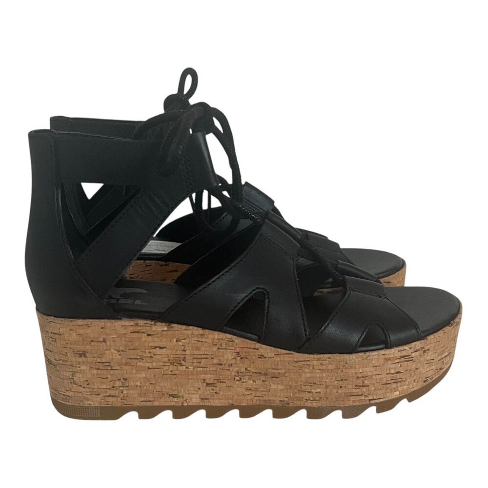 Sorel Black Leather Lace-Up Cork Wedge Sandals - NWOT